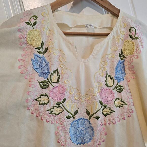 Vintage Floral Blouse Women Medium Off White Embroidered Cottage Folk Coquette - Picture 2 of 11